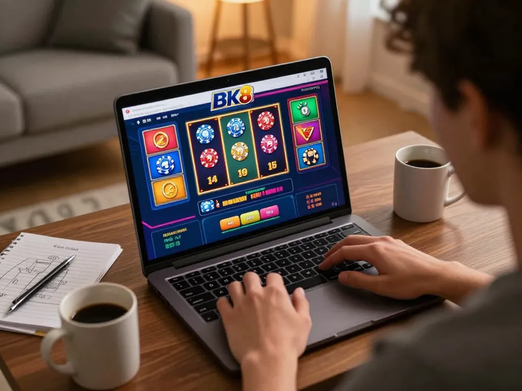 Engaged user playing BK8 online casino games on a laptop in a cozy home environment