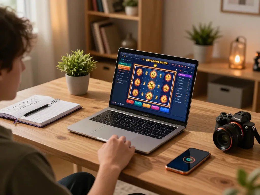 Engaging online gaming scene showcasing a laptop with slot depo 5k games, reflecting strategic gameplay and comfort at home.