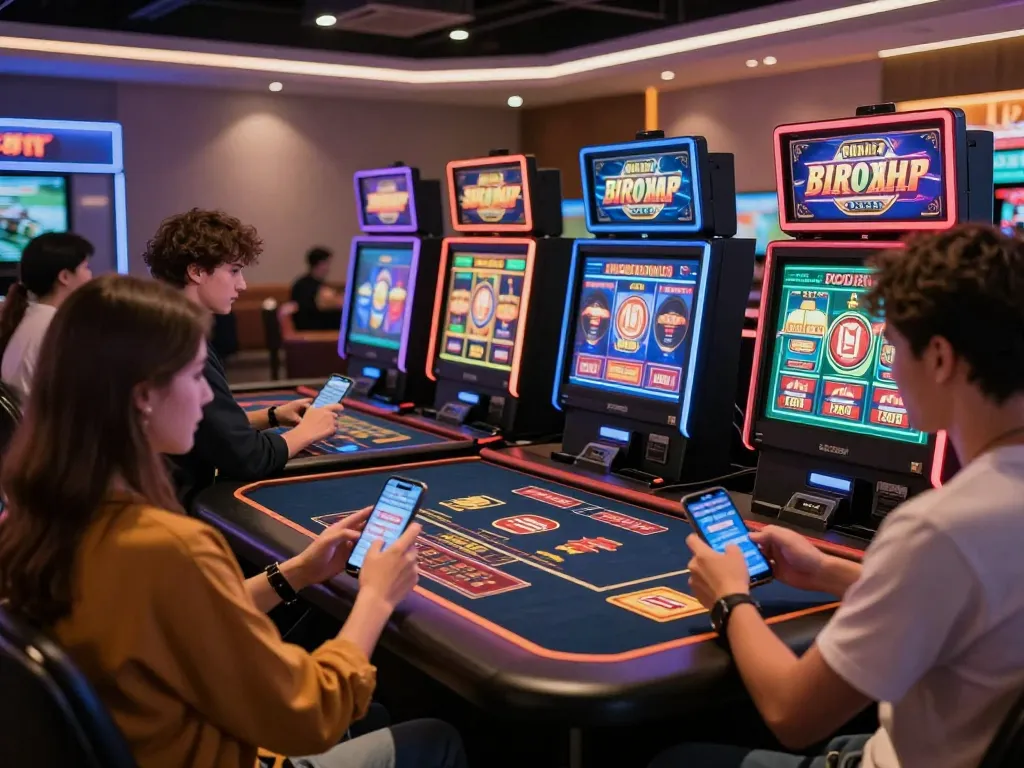 Engaging gaming scene with players enjoying various online games including 789win, highlighting excitement in gambling.