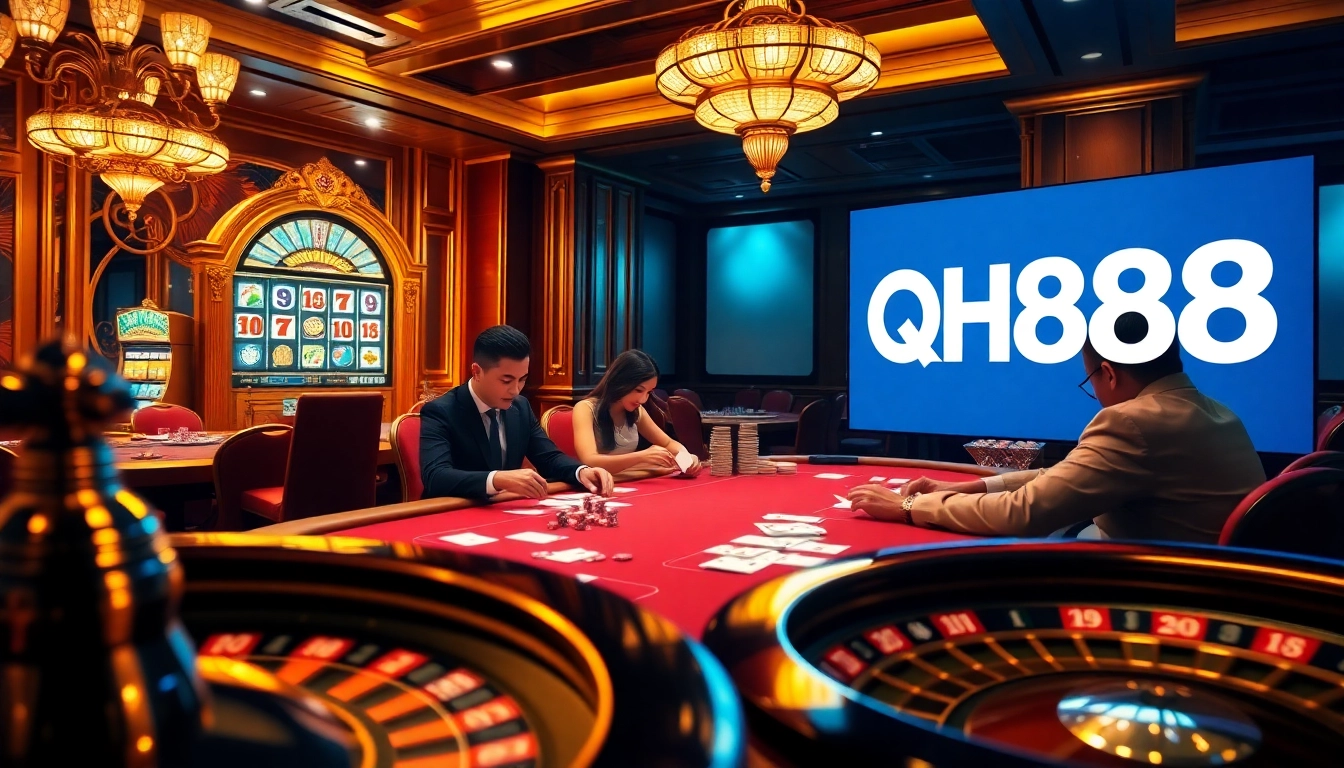 Players engaging in a high-stakes poker game at QH88's luxurious casino.