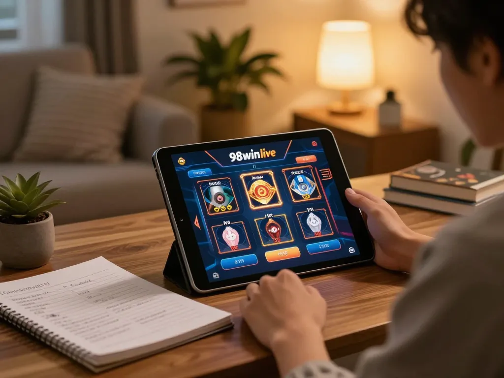 Engaging in online gaming with 98winlive on a tablet, showcasing strategic gambling in a comfortable setting.