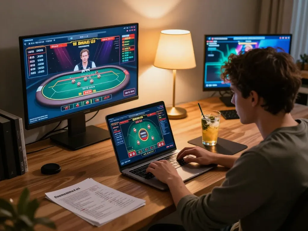 say88 player engaging with live casino game on laptop, showcasing a comfortable home setup
