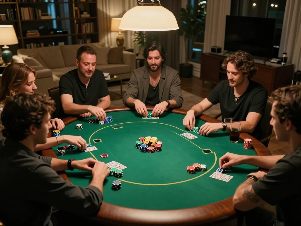Engaged players at home poker night showcasing Lc88 Vina's thrilling card game atmosphere.