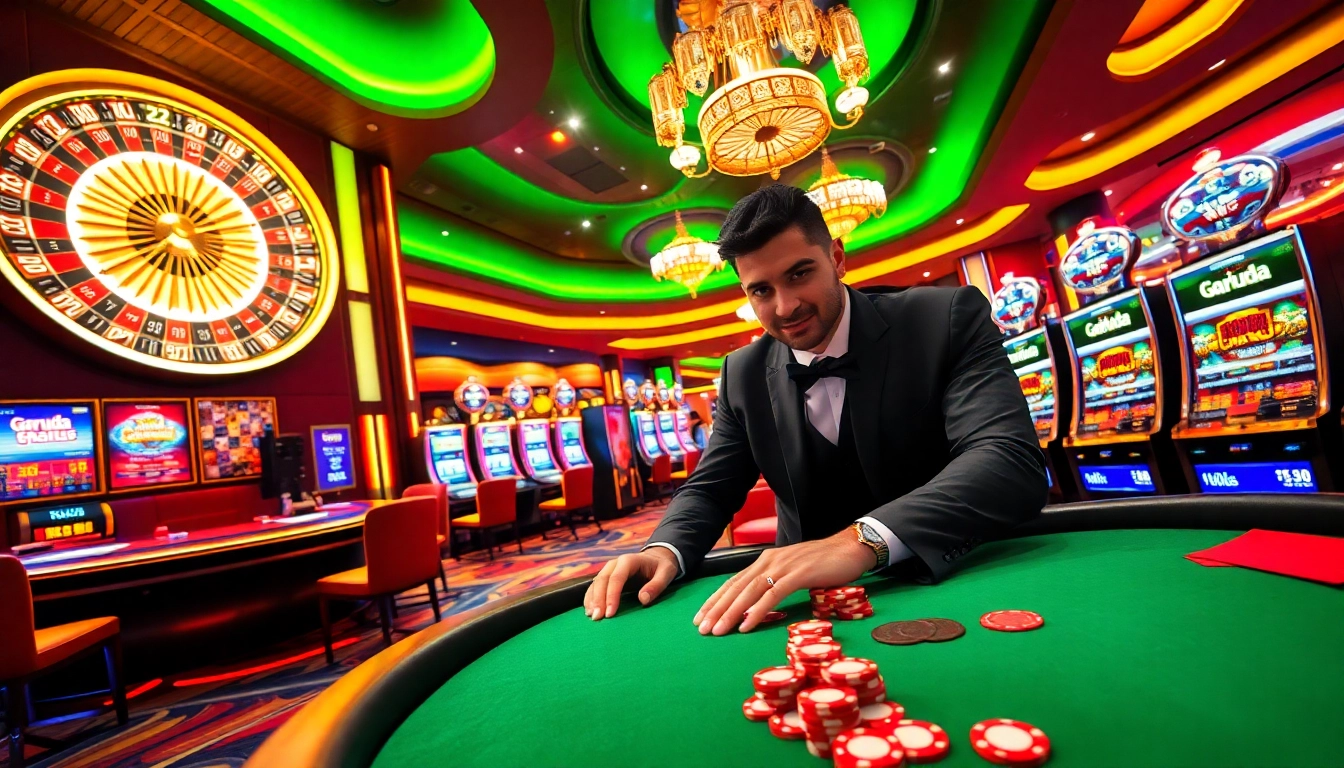 Playing "garuda slot" at a luxurious casino, enjoying the excitement of slot machines.