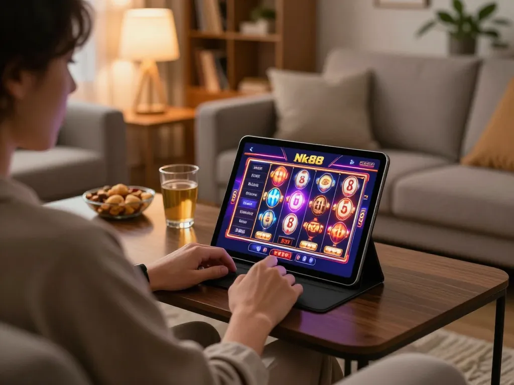 Navigating the Nk88 online casino on a tablet in a cozy home setting with snacks and warm lighting