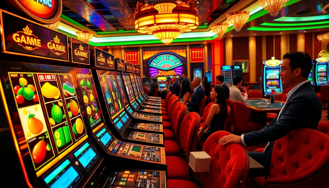 Active game nổ hũ slot machine spinning with jackpot icons in a vibrant casino scene