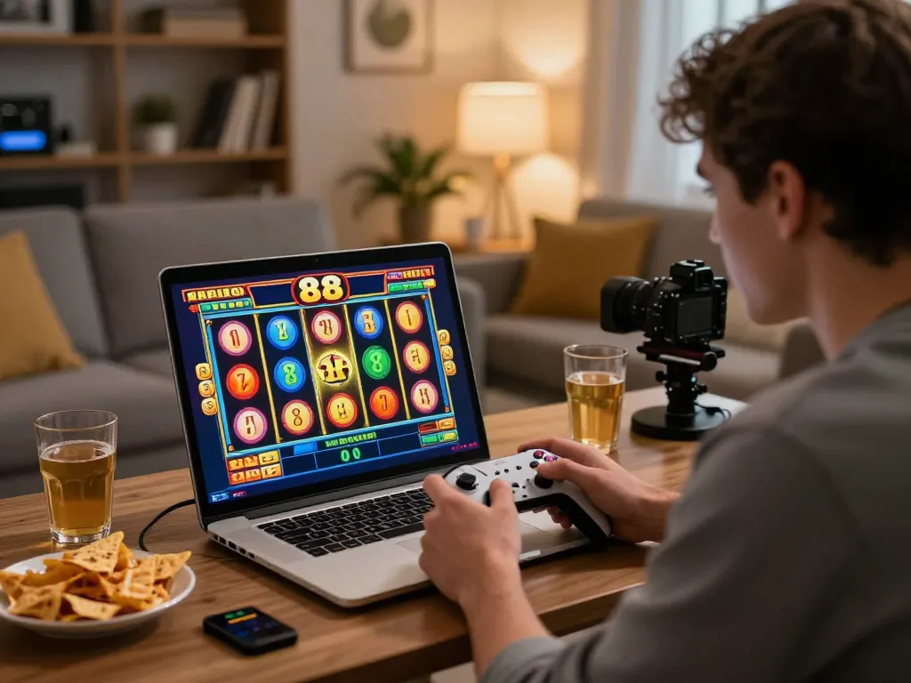 Engaged player enjoying slot 88 on laptop, vibrant online gaming in cozy living room.