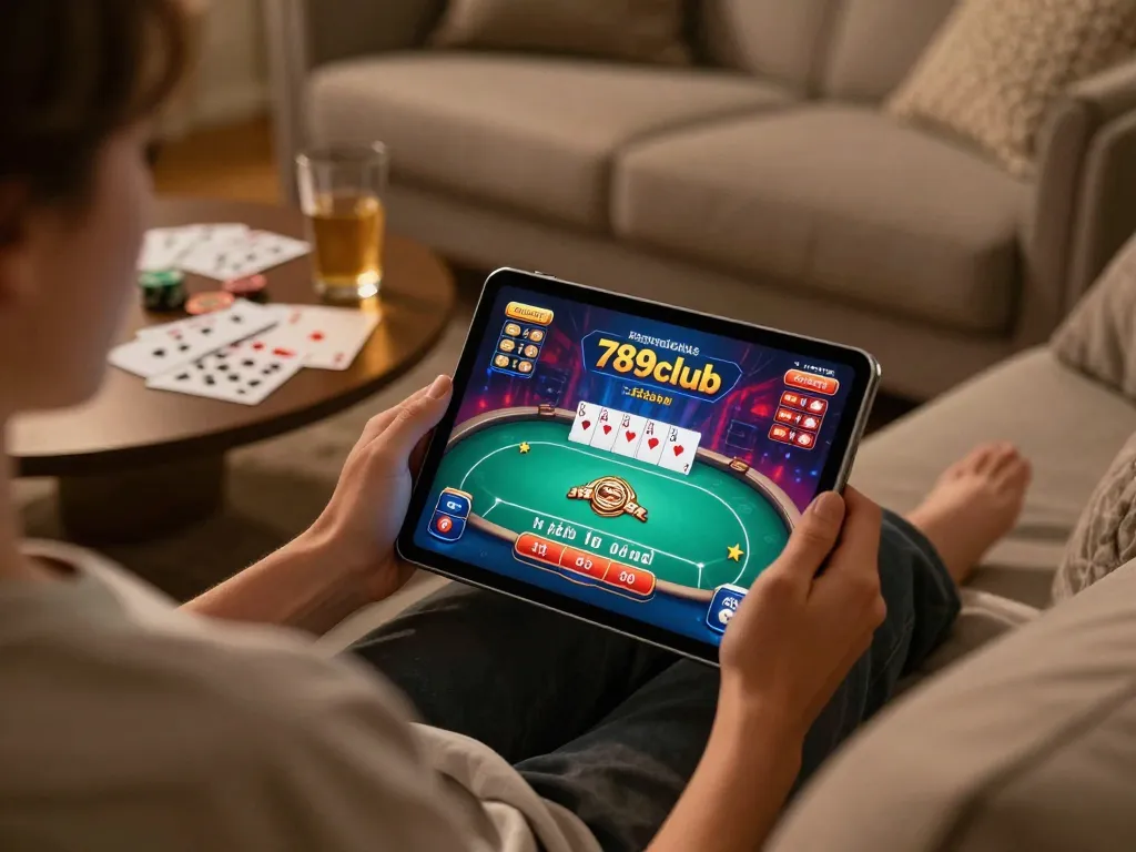 Player enjoying 789club online gaming experience on tablet, warm home ambiance, responsible gambling