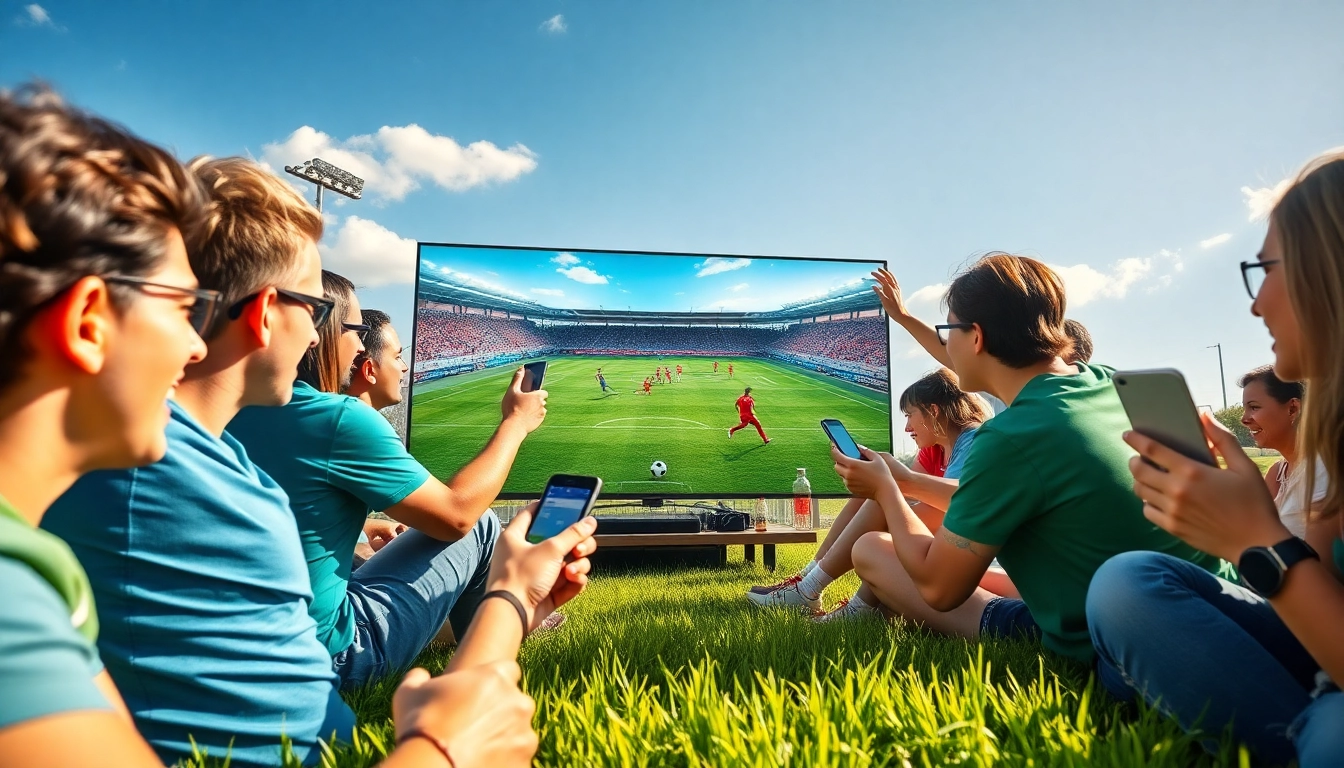 SOCOLIVE fans enjoying live soccer streaming on HD screens surrounded by a vibrant atmosphere.