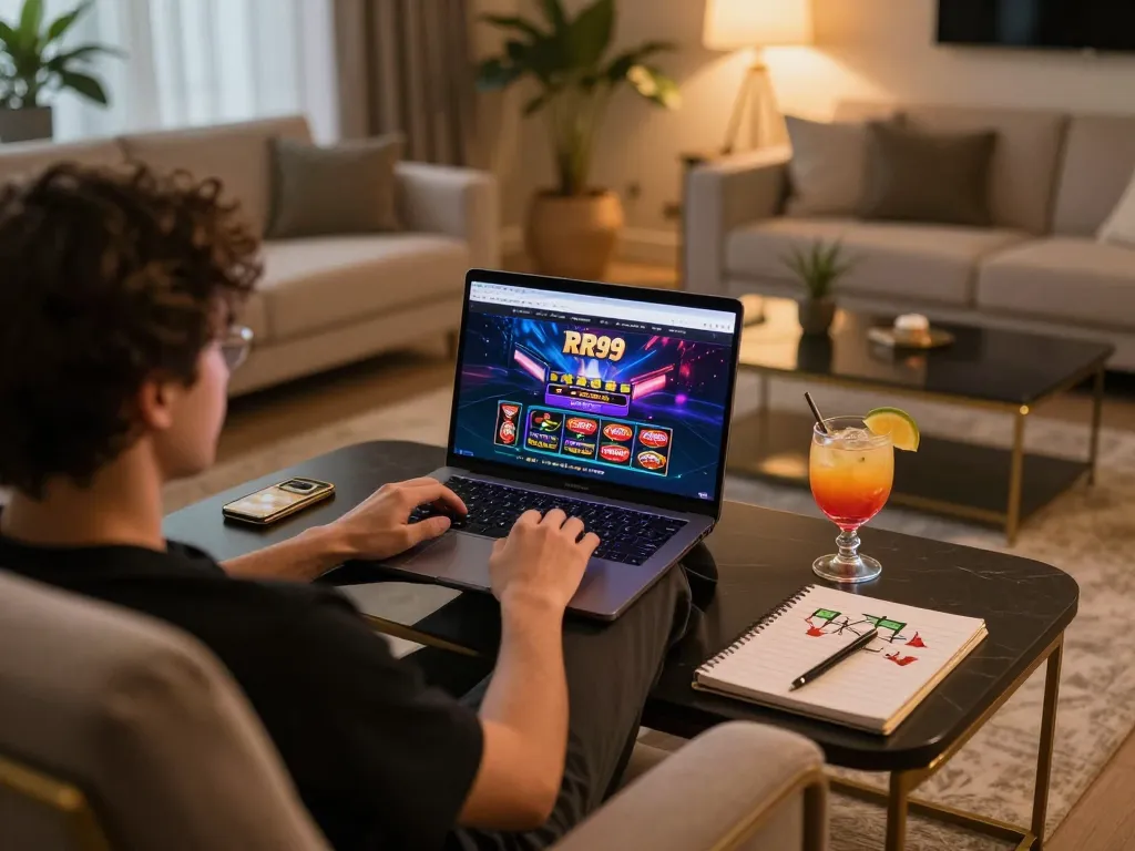 Engaging with RR99 online casino from a cozy home setup, showcasing an inviting gaming atmosphere