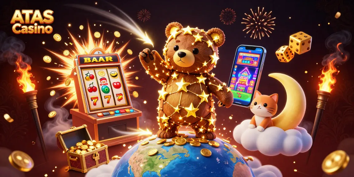 Experience thrilling gameplay at ATAS Casino with vibrant illustrations of slots, jackpots, and exciting game elements!