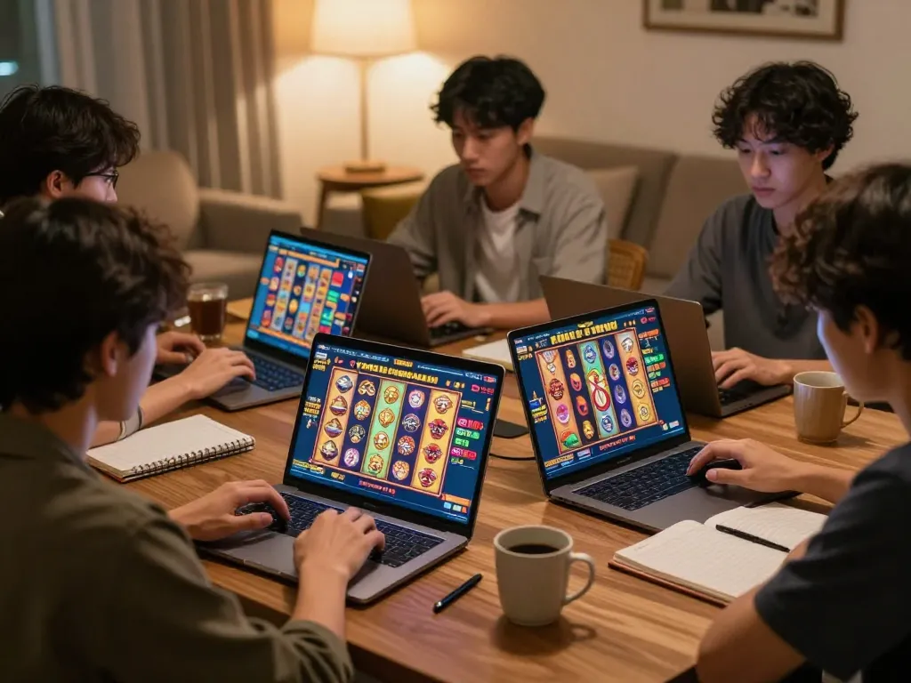 Players enjoying their slot gacor experience on laptops, immersed in colorful graphics and strategies.