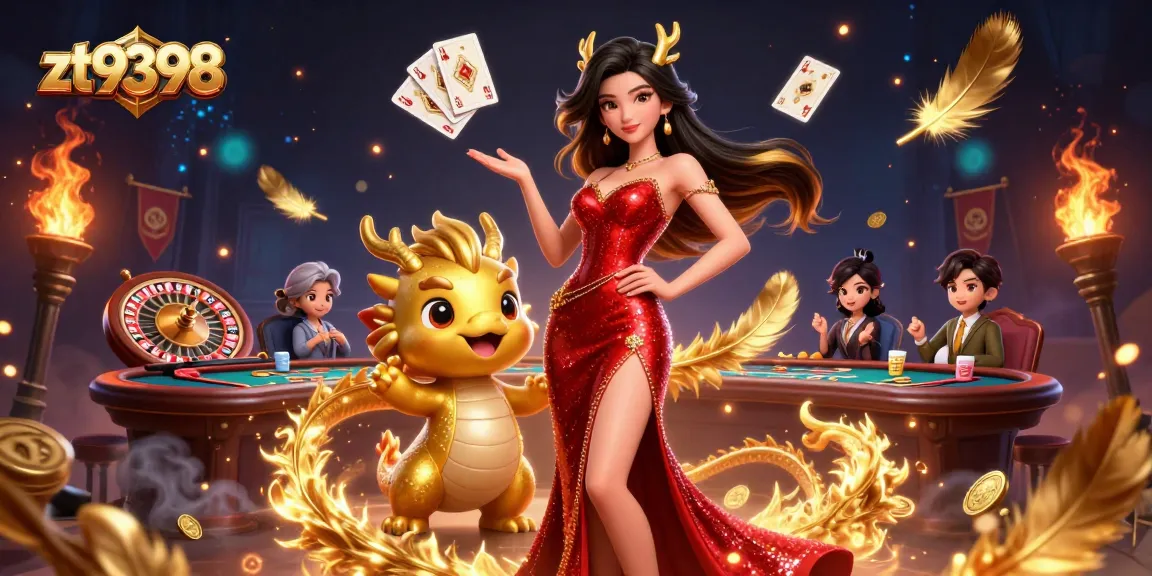 Join the excitement at zt9398 with vibrant casino games featuring a stunning woman and golden dragon.