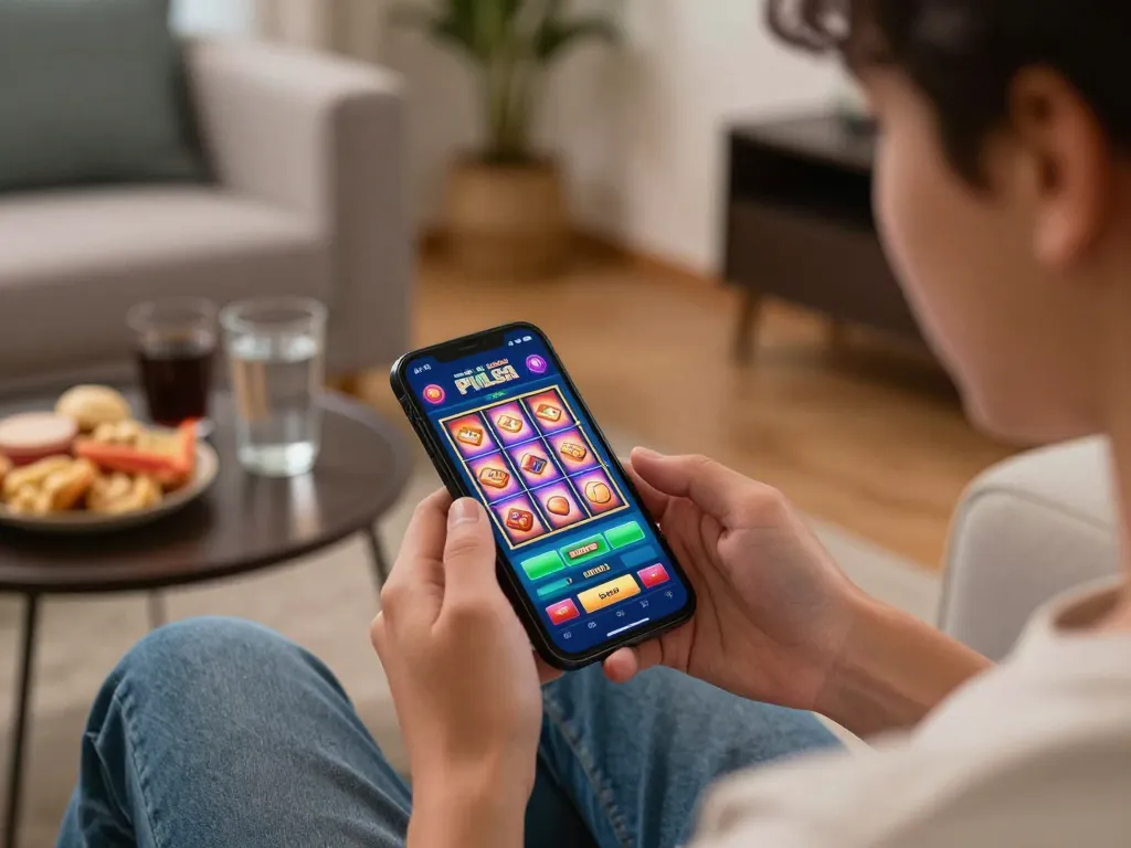 Player enjoying a winning moment during slot pulsa game on smartphone in a cozy home setting