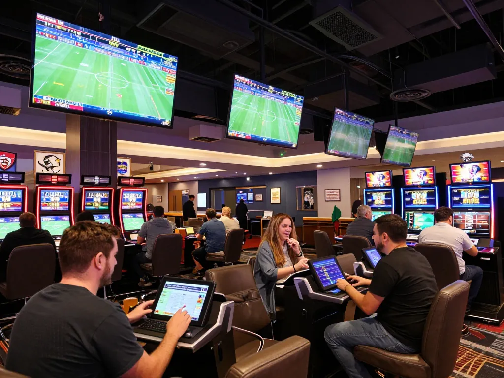 Tỷ lệ kèo nhà cái hôm nay showcased in a lively sports betting area with active bettors and screens.