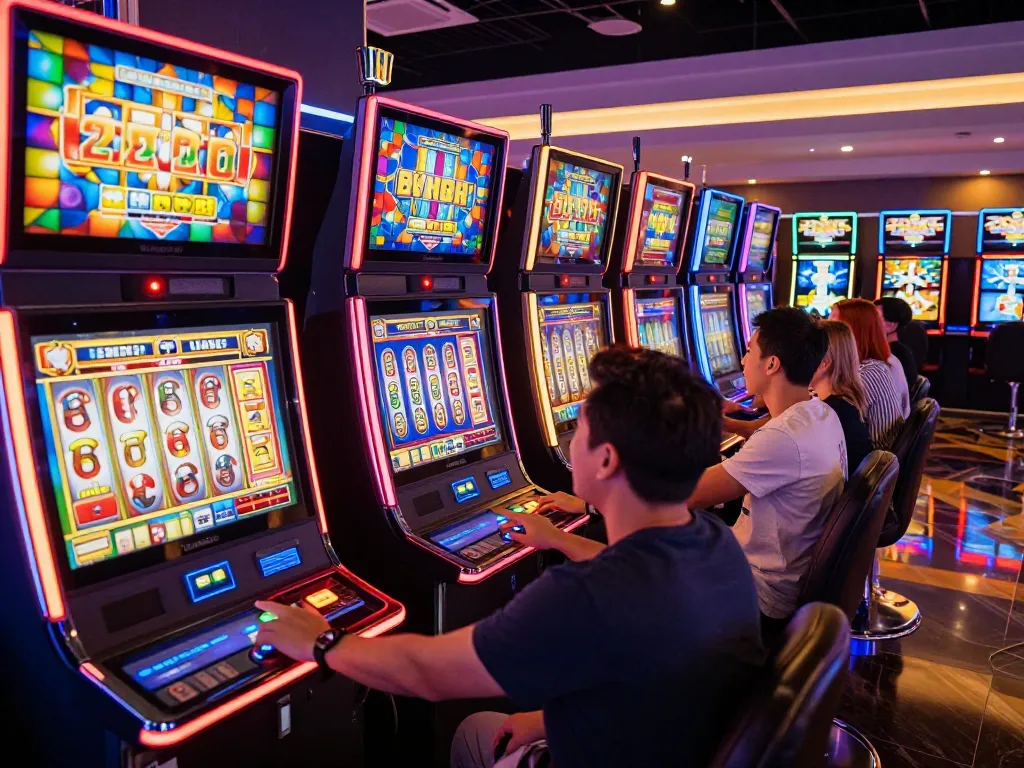 Players enjoying exciting slot machine gameplay with vibrant lights in a lively casino atmosphere