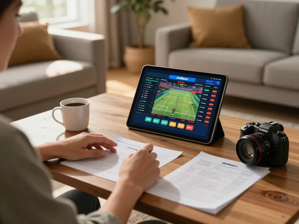 Person using the Jeetbuzz app on a tablet for online betting in a cozy home setting.