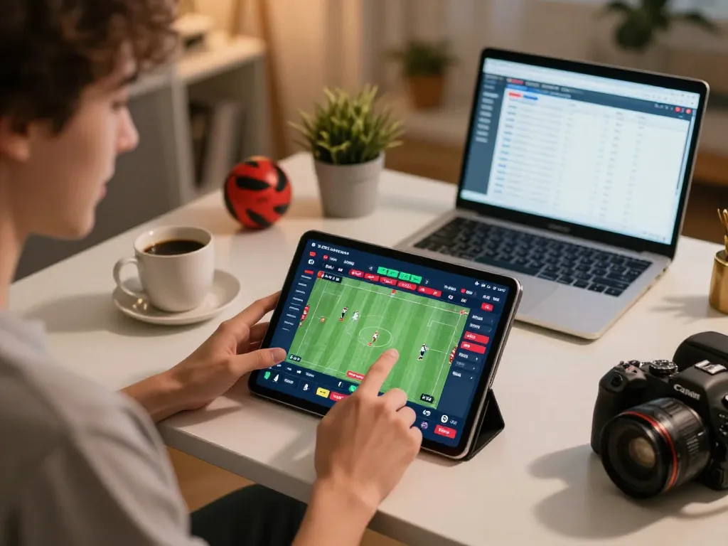 Engaged bettor exploring 7meter Link Alternatif on tablet during live event, dynamic home setting.