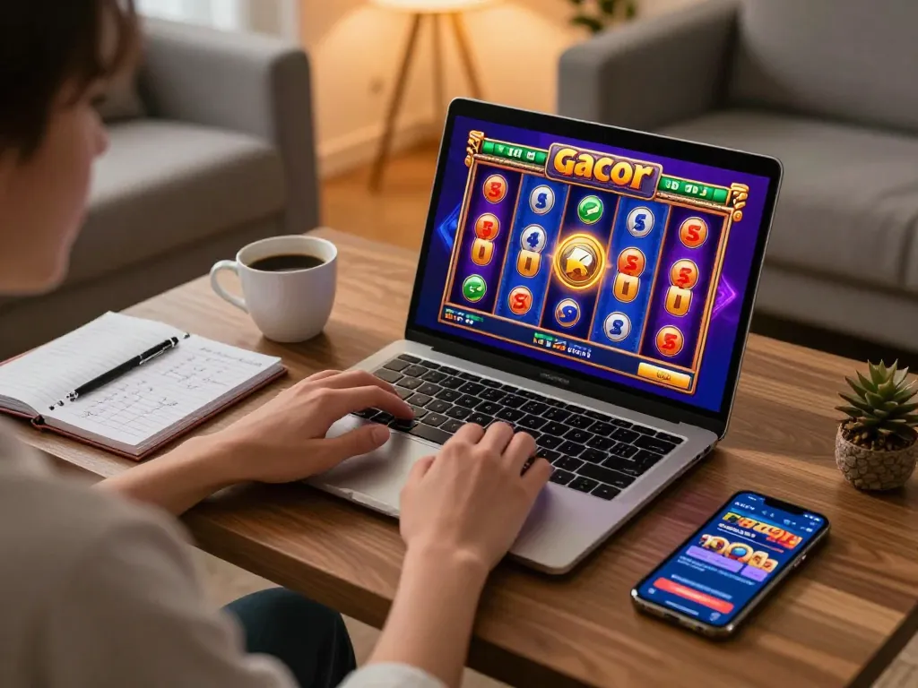 Playing thrilling slot gacor games on a laptop while enjoying a cozy home atmosphere.