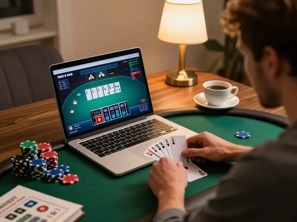 Player engaging on sc88.charity’s poker game shown on laptop with chips and strategy notes.