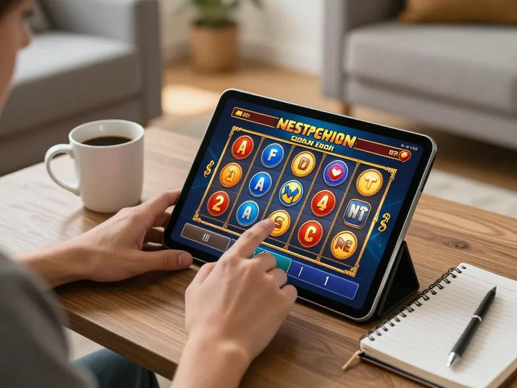 Menikmati permainan slot aman788 yang menegangkan di tablet dalam suasana rumah yang nyaman, dengan fokus pada permainan yang strategis.