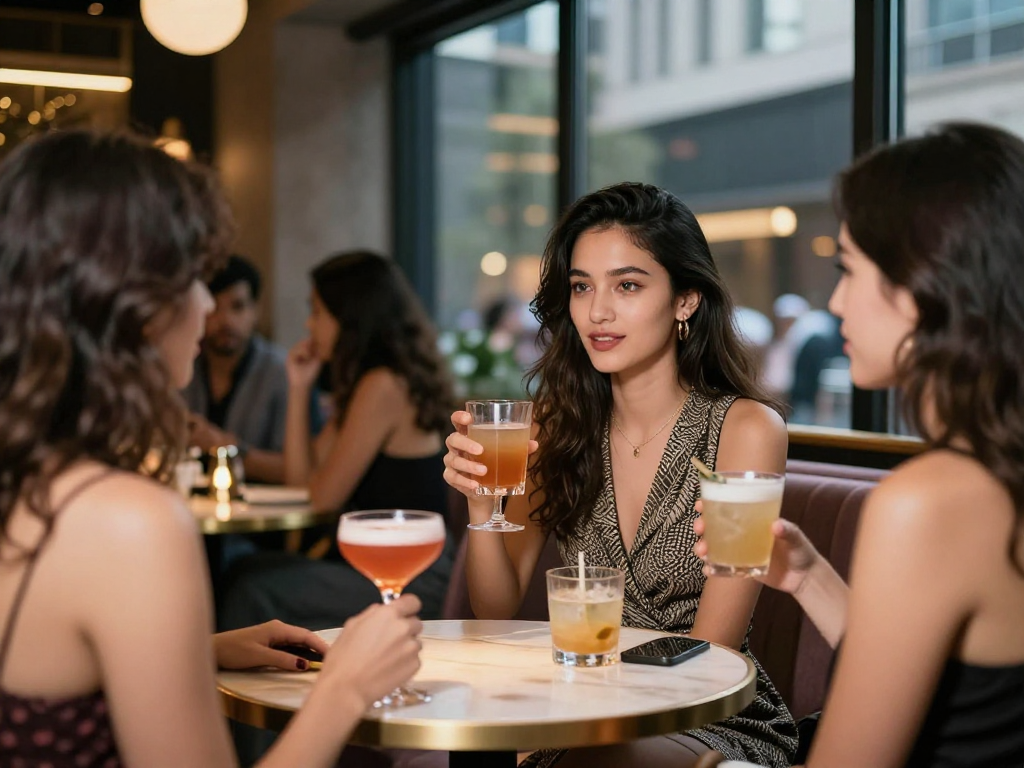 Gái gọi thư giãn trong quán bar sang trọng với bạn bè vào buổi tối.