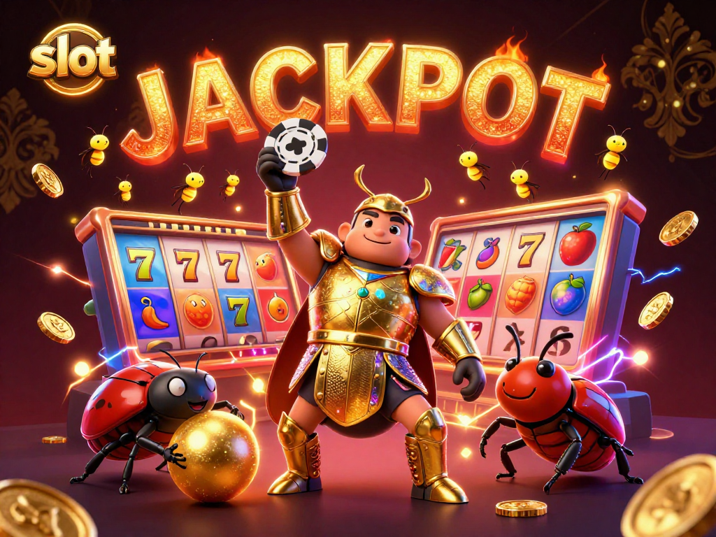 Celebrate a slot jackpot with a heroic beetle lifting a poker chip, surrounded by colorful game elements.