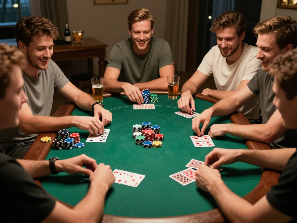 Friends enjoying a thrilling home poker night at au88 with colorful chips and lively atmosphere