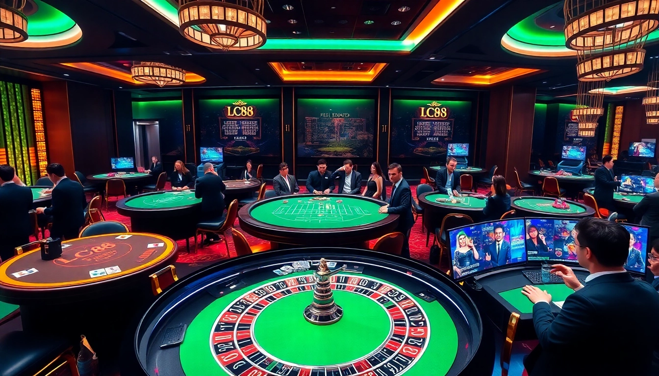 Exciting gambling scene with LC88 branding and vibrant casino atmosphere featuring roulette and poker tables.