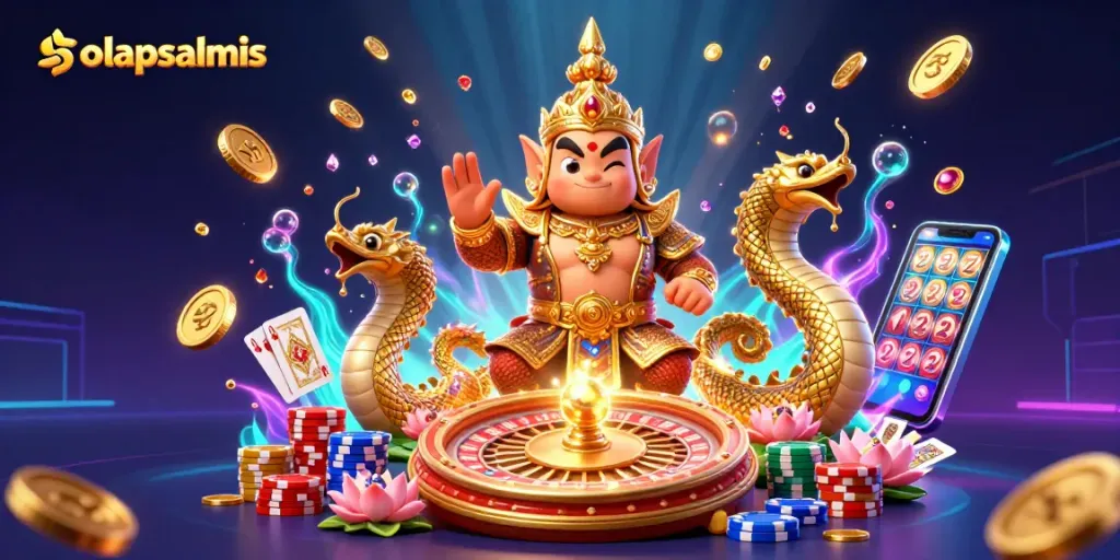 Experience gaming magic with solapsalmis as guardians and serpents surround a vibrant casino scene.
