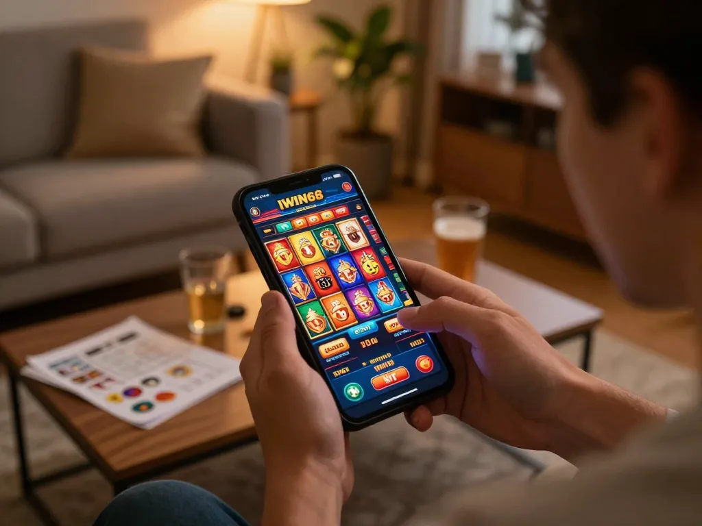 IWIN68 player engaging with exciting online slots and poker games in a cozy home setting