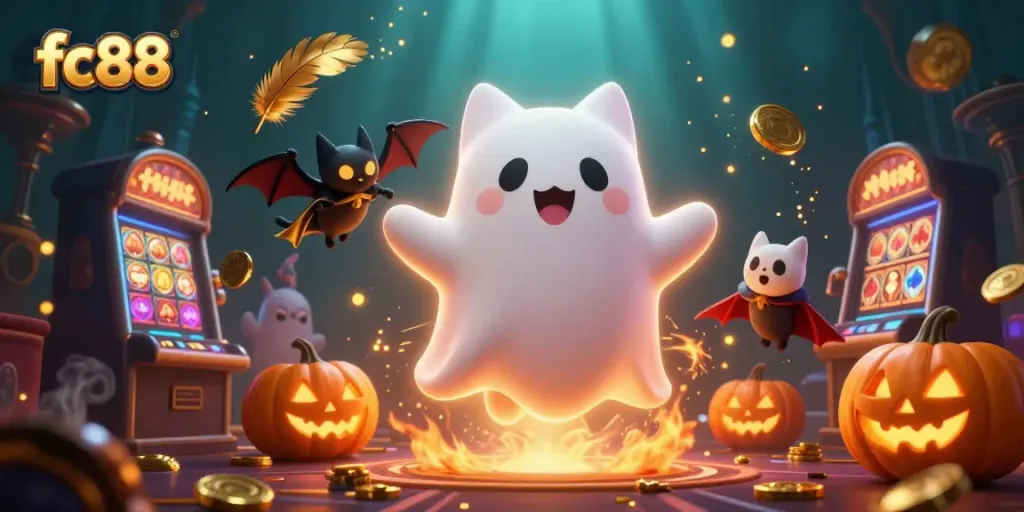 Spin the reels with fc88 in a haunted casino scene featuring playful ghost cat and bat!