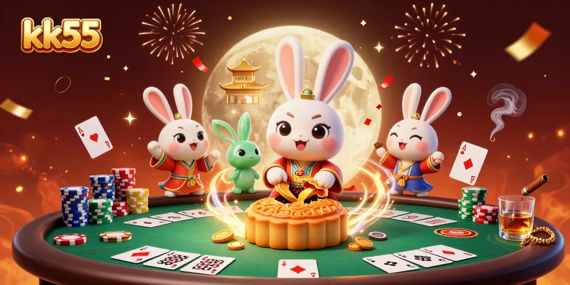 Experience gambling fun with kk55 as moon rabbits reveal poker chips in a vibrant casino scene.