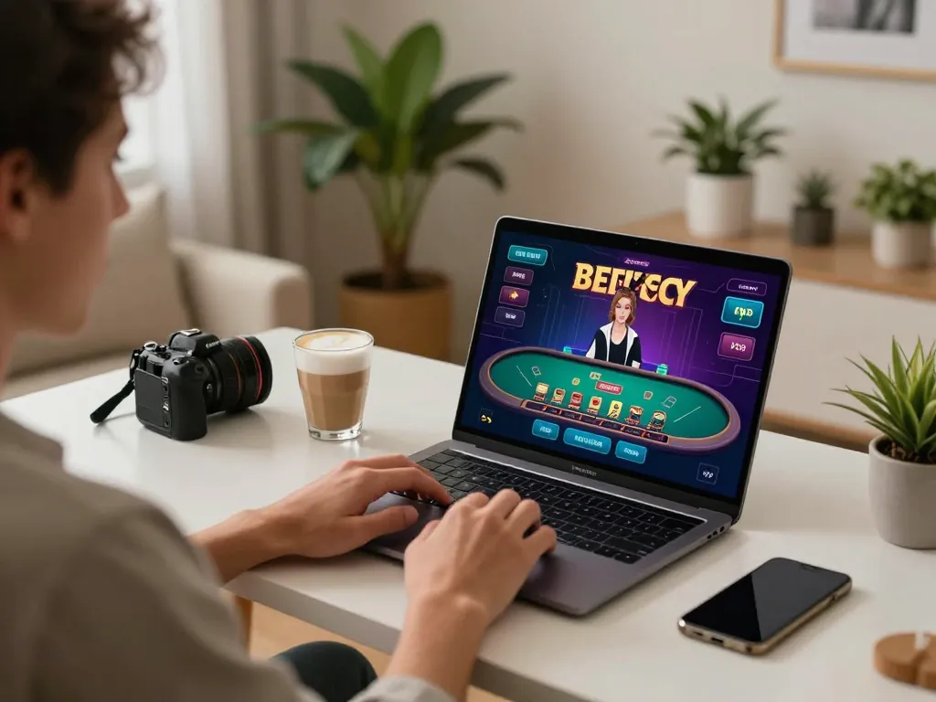 Player enjoying an exciting game of blackjack on FB88 in a stylish home office setting.