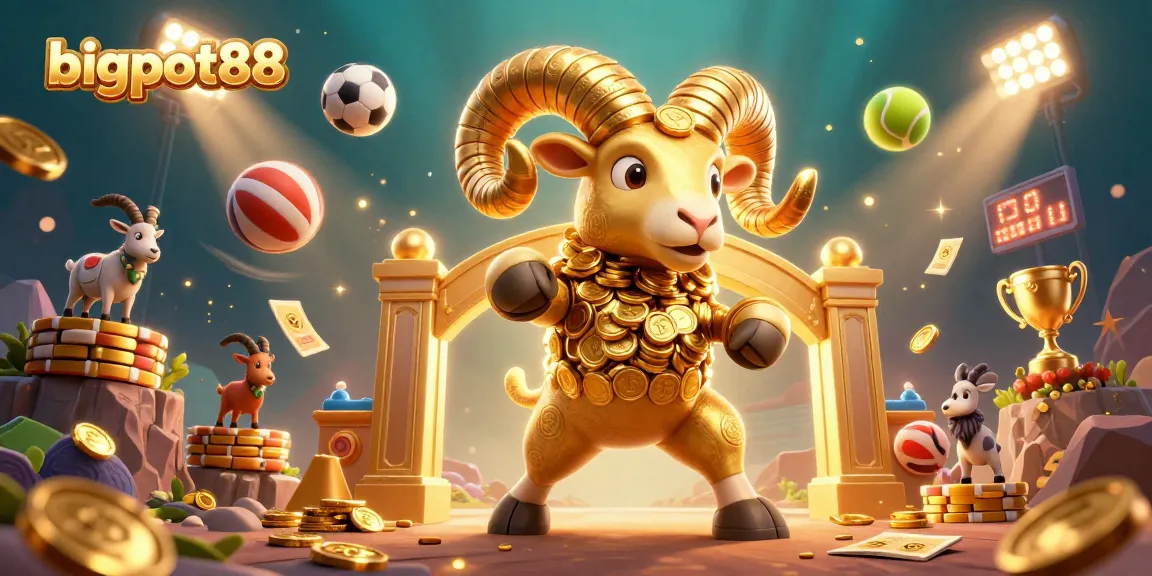 Experience bigpot88's lively gaming atmosphere with gold ram and sports elements.