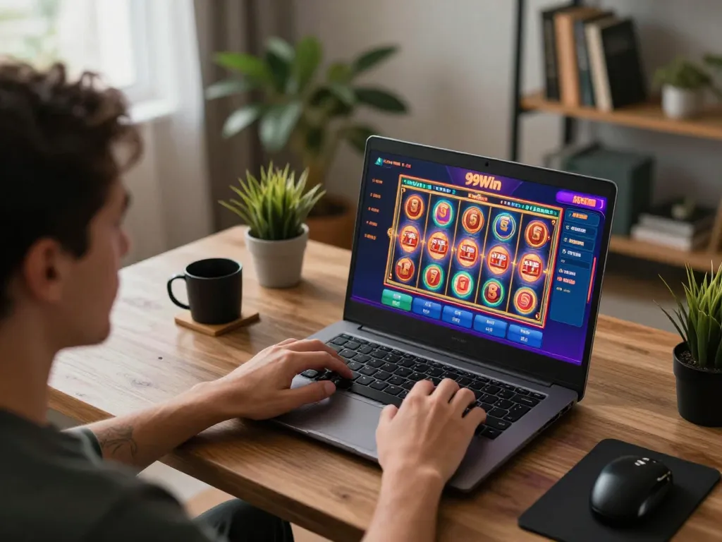 Player engaging with 99Win online casino games on laptop in a stylish home office setting
