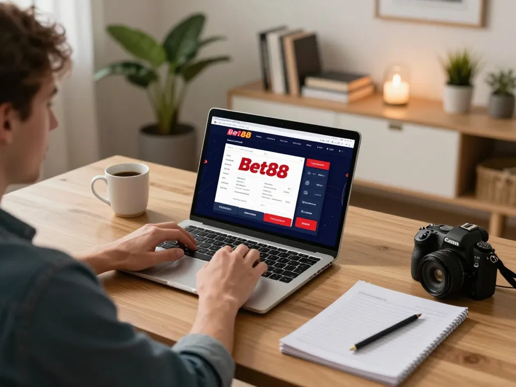 Player enjoying Bet88 online casino while strategizing in a cozy home office