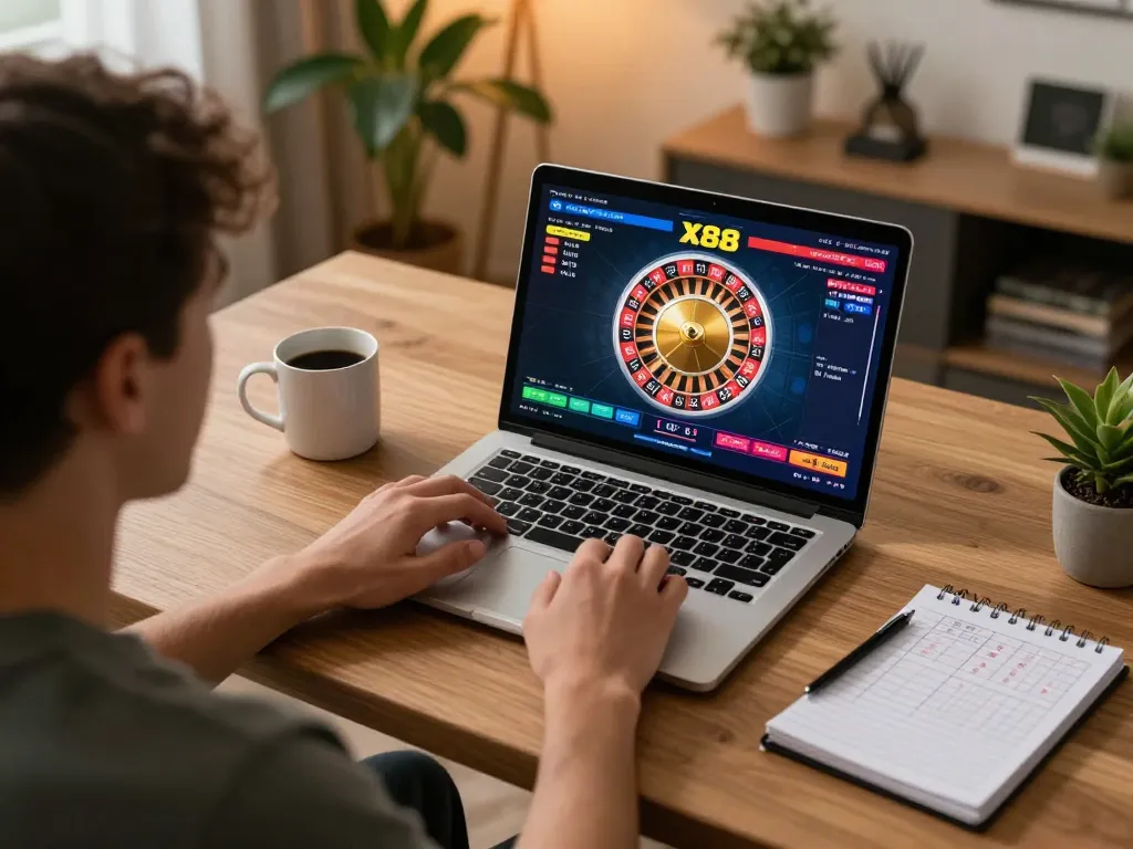 Player engaging with online roulette at https://x88.design/, showcasing strategy and excitement in a cozy home.