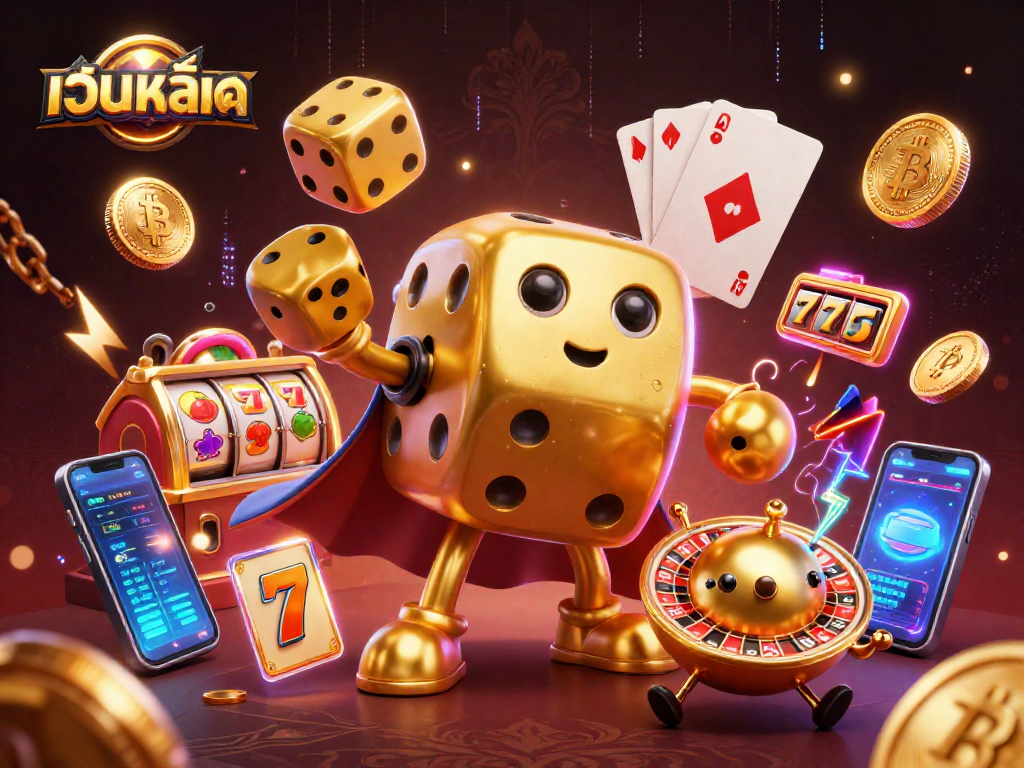 Experience the excitement of เว็บสล็อต with a dynamic illustration showcasing a golden dice golem and thrilling casino elements.