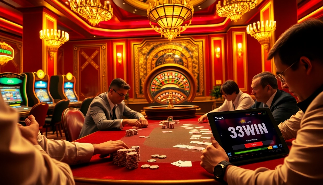 Engaged players in a thrilling poker game at 33WIN casino, showcasing colorful chips and cards.