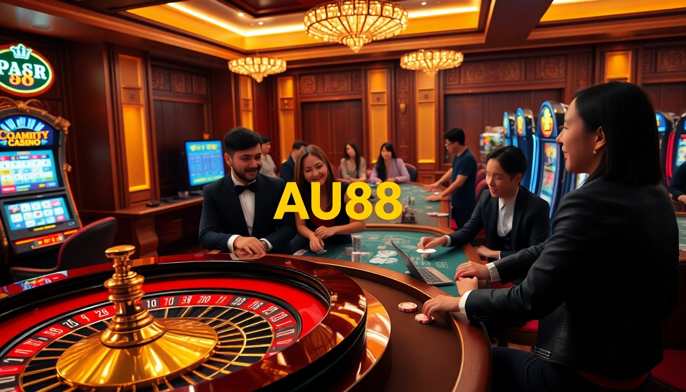 Exciting gambling scene with AU88 branding featuring poker, roulette, and slot machines.