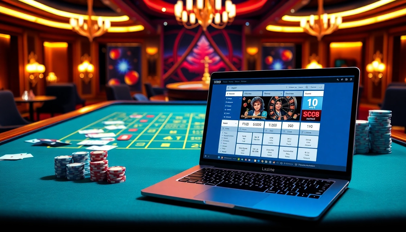 Experience the excitement of Link SC88 Chính Thức with a vibrant casino scene showcasing poker, roulette, and online betting.