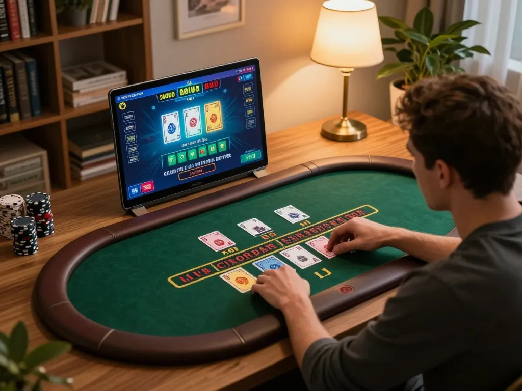 Player enjoying an online m104 blackjack game at home, showcasing excitement and comfort.