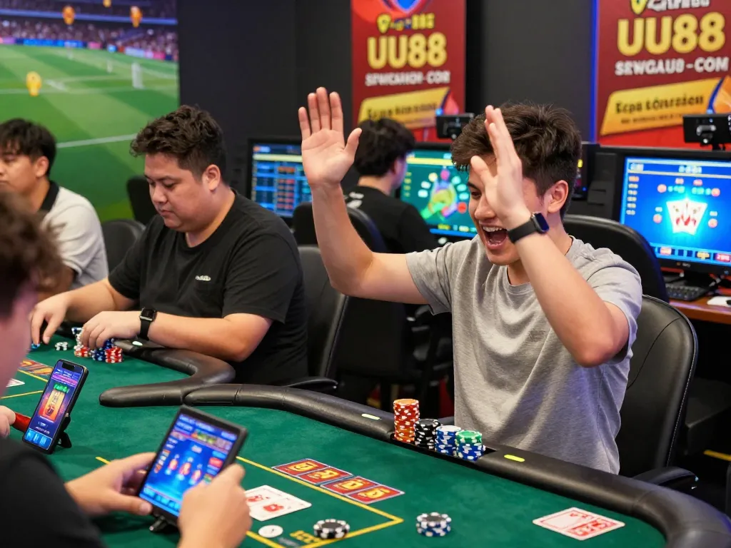 Excited players engaging with UU88 online gambling games, showcasing vibrant betting atmosphere.