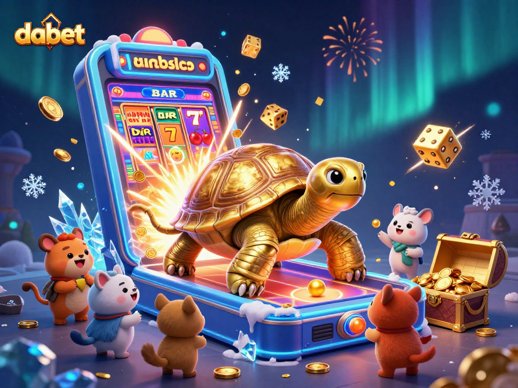 Dabet presents a captivating scene with a colossal golden tortoise pinball machine, animated slot machine jackpot, and eager players.