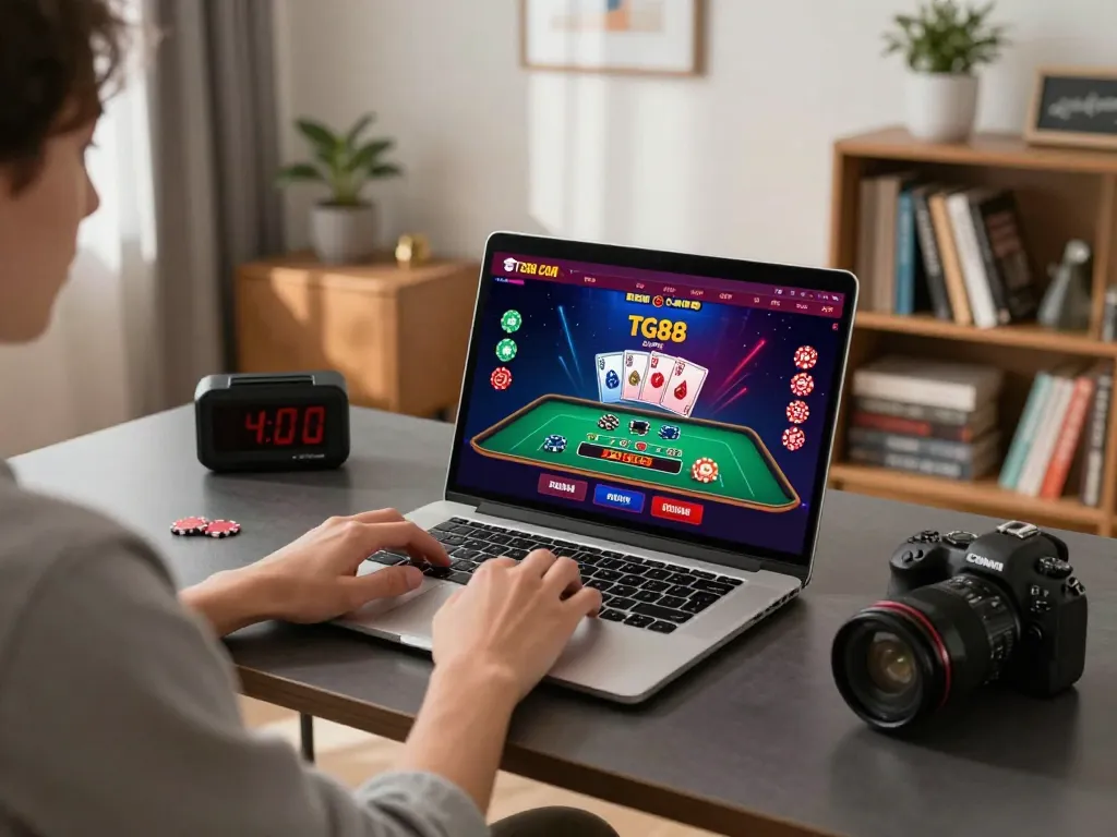 Engaging with the TG88 CAM online casino while strategizing in a cozy home office.