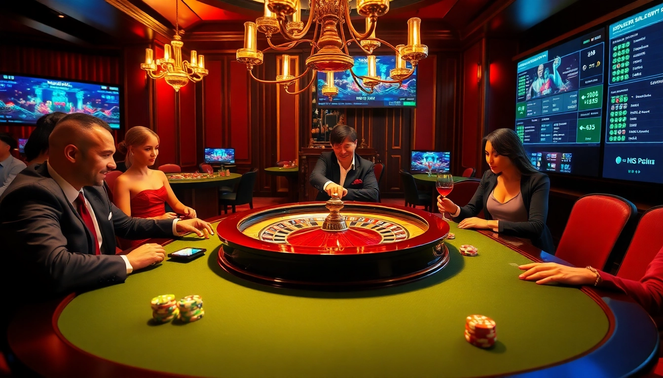 Gamblers enjoying the thrilling experience at a luxurious casino featuring the 'no hu' chip design on the roulette table.