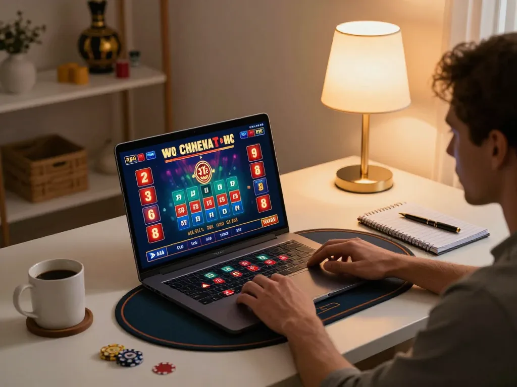 Luck8 player engaging with online casino games at a stylish home desk setup, showing strategic gameplay.