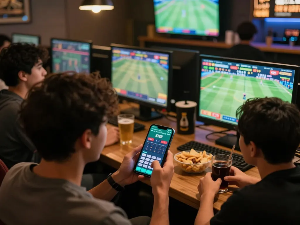 Engaging sports betting scene with KP88 app on smartphone, excitement in cozy bar setting.