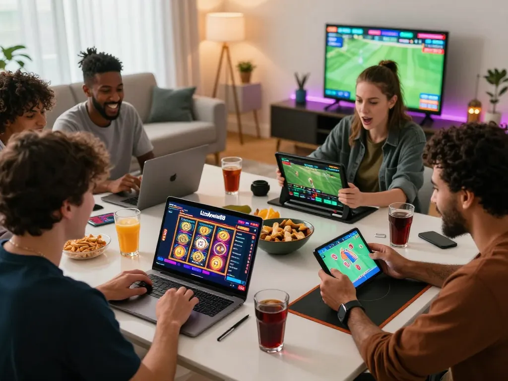 Engaging scene of friends enjoying Luckywin88 online gaming and sports betting together